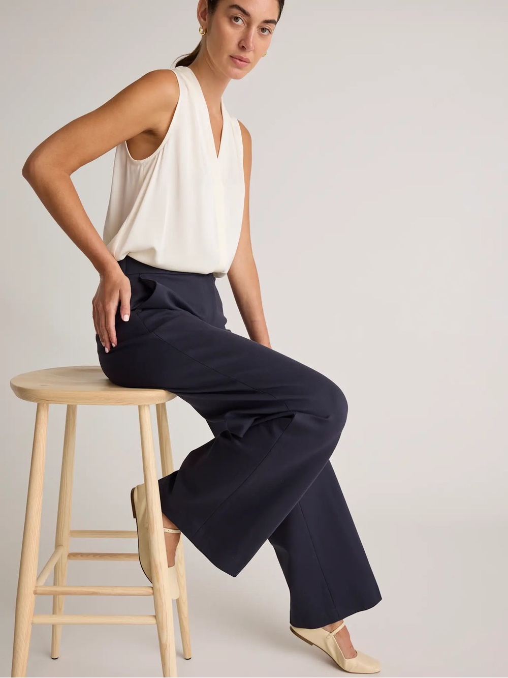 NEW Quince Ultra Stretch Ponte Wide Leg Trouser Pants Navy Size 10 Office Work